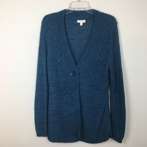 Charter Club Cardigan Sz SP Blue V Neck Pointelle Knit One Button Travel Career